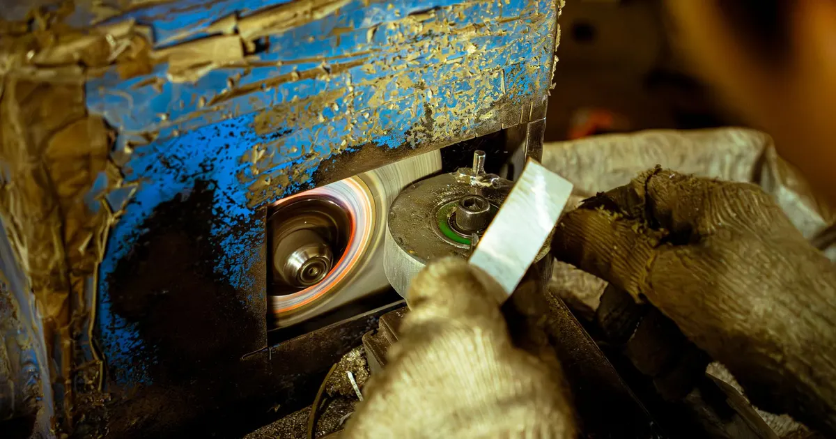 Gloved hands holding a flat metal piece against a small grinding wheel in a workshop, a generic view of a grinding operation