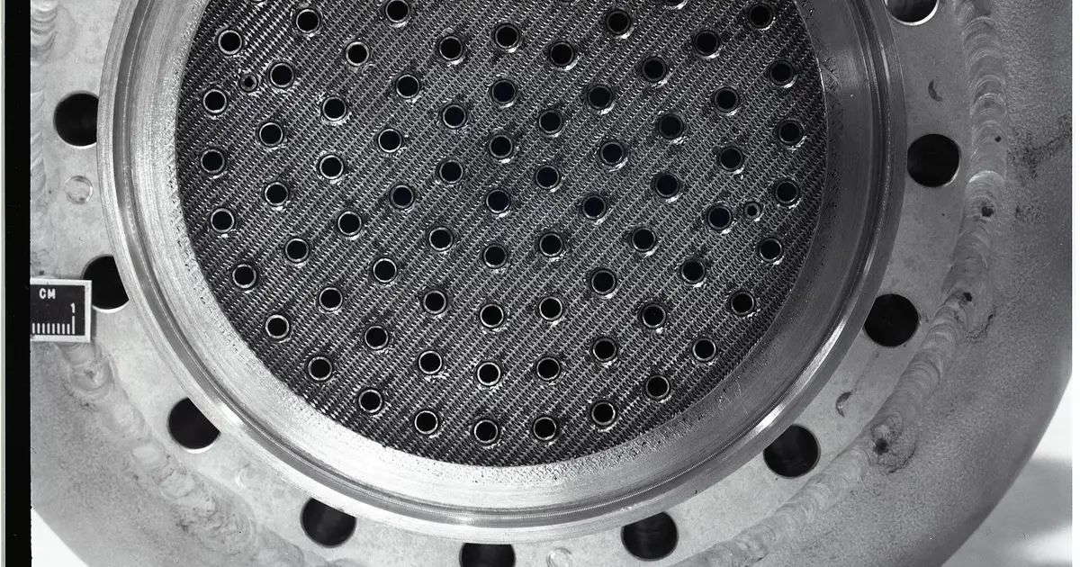Close view of a rocket engine injector face, a round plate covered with a dense pattern of small holes, photographed at a test facility
