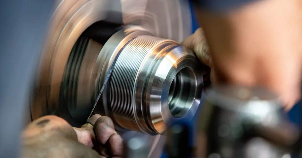 Metal workpiece spinning in a lathe chuck during a turning operation, as used when turning Inconel 718